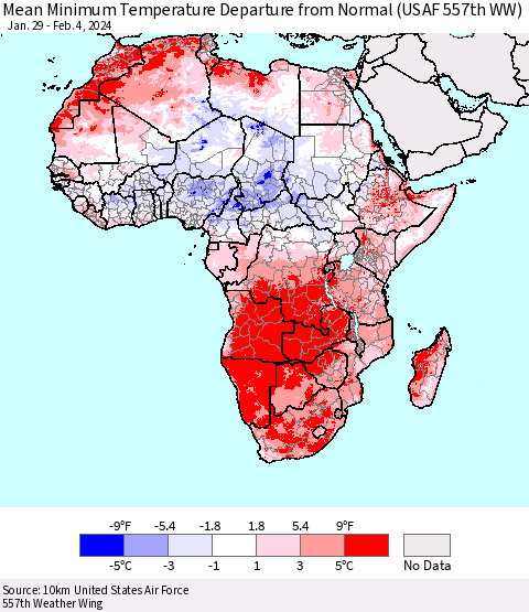 Africa Mean Minimum Temperature Departure from Normal (USAF 557th WW) Thematic Map For 1/29/2024 - 2/4/2024