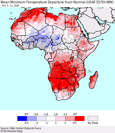 Africa Mean Minimum Temperature Departure from Normal (USAF 557th WW) Thematic Map For 2/5/2024 - 2/11/2024