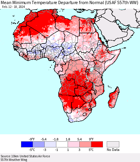 Africa Mean Minimum Temperature Departure from Normal (USAF 557th WW) Thematic Map For 2/12/2024 - 2/18/2024