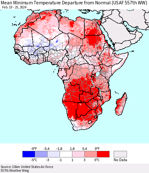 Africa Mean Minimum Temperature Departure from Normal (USAF 557th WW) Thematic Map For 2/19/2024 - 2/25/2024