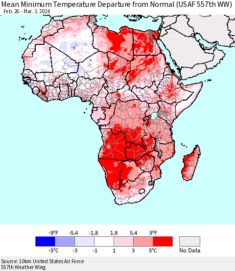 Africa Mean Minimum Temperature Departure from Normal (USAF 557th WW) Thematic Map For 2/26/2024 - 3/3/2024