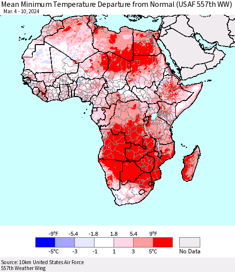 Africa Mean Minimum Temperature Departure from Normal (USAF 557th WW) Thematic Map For 3/4/2024 - 3/10/2024