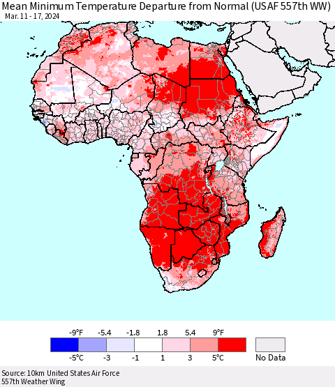 Africa Mean Minimum Temperature Departure from Normal (USAF 557th WW) Thematic Map For 3/11/2024 - 3/17/2024