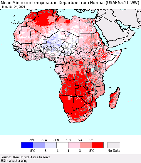 Africa Mean Minimum Temperature Departure from Normal (USAF 557th WW) Thematic Map For 3/18/2024 - 3/24/2024
