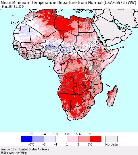Africa Mean Minimum Temperature Departure from Normal (USAF 557th WW) Thematic Map For 3/25/2024 - 3/31/2024