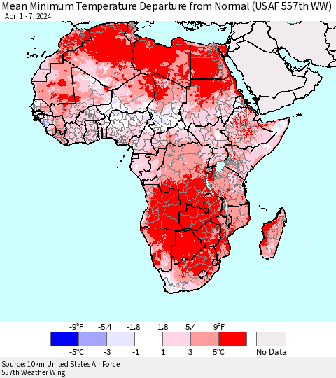 Africa Mean Minimum Temperature Departure from Normal (USAF 557th WW) Thematic Map For 4/1/2024 - 4/7/2024