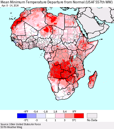 Africa Mean Minimum Temperature Departure from Normal (USAF 557th WW) Thematic Map For 4/8/2024 - 4/14/2024