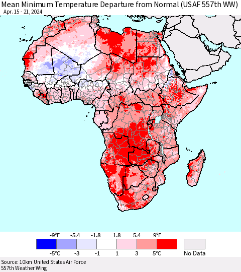 Africa Mean Minimum Temperature Departure from Normal (USAF 557th WW) Thematic Map For 4/15/2024 - 4/21/2024