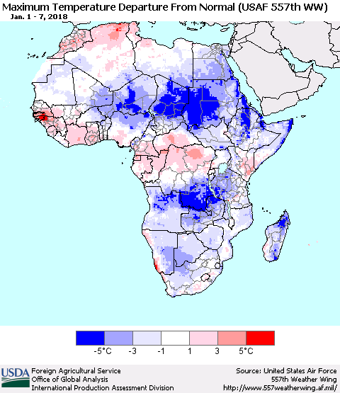 Africa Mean Maximum Temperature Departure from Normal (USAF 557th WW) Thematic Map For 1/1/2018 - 1/7/2018
