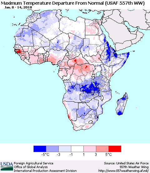 Africa Mean Maximum Temperature Departure from Normal (USAF 557th WW) Thematic Map For 1/8/2018 - 1/14/2018