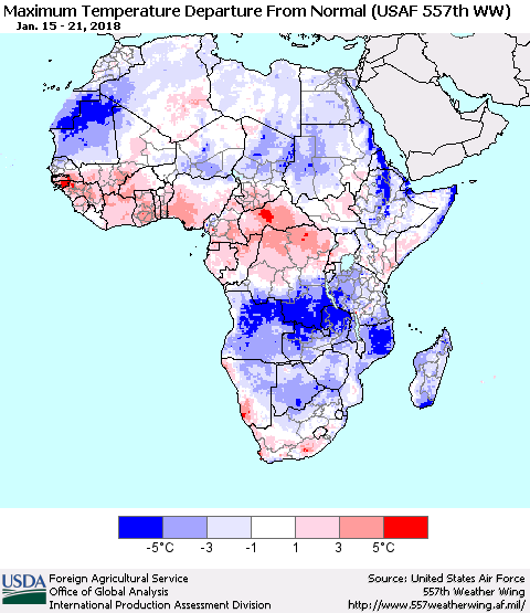 Africa Mean Maximum Temperature Departure from Normal (USAF 557th WW) Thematic Map For 1/15/2018 - 1/21/2018