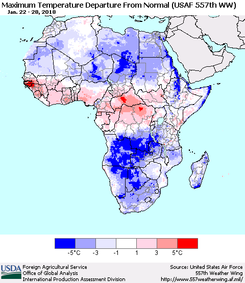 Africa Mean Maximum Temperature Departure from Normal (USAF 557th WW) Thematic Map For 1/22/2018 - 1/28/2018
