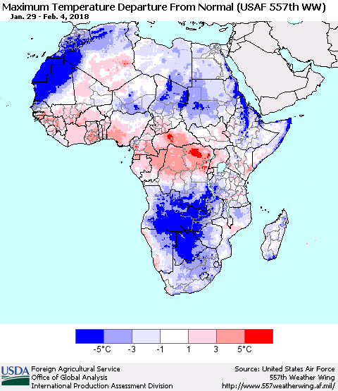 Africa Mean Maximum Temperature Departure from Normal (USAF 557th WW) Thematic Map For 1/29/2018 - 2/4/2018