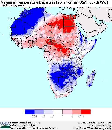 Africa Mean Maximum Temperature Departure from Normal (USAF 557th WW) Thematic Map For 2/5/2018 - 2/11/2018