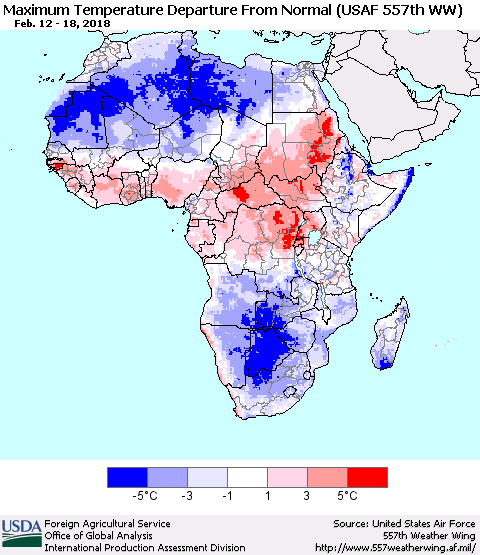 Africa Mean Maximum Temperature Departure from Normal (USAF 557th WW) Thematic Map For 2/12/2018 - 2/18/2018