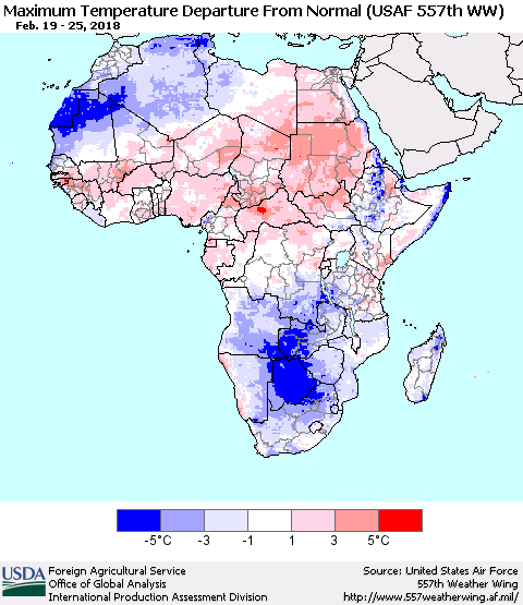 Africa Mean Maximum Temperature Departure from Normal (USAF 557th WW) Thematic Map For 2/19/2018 - 2/25/2018