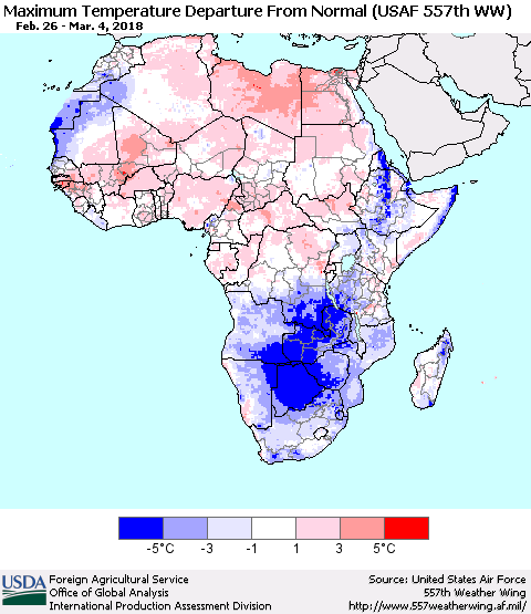 Africa Mean Maximum Temperature Departure from Normal (USAF 557th WW) Thematic Map For 2/26/2018 - 3/4/2018