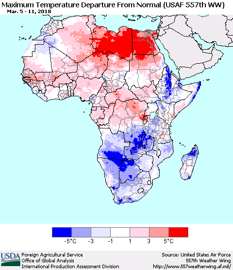 Africa Mean Maximum Temperature Departure from Normal (USAF 557th WW) Thematic Map For 3/5/2018 - 3/11/2018