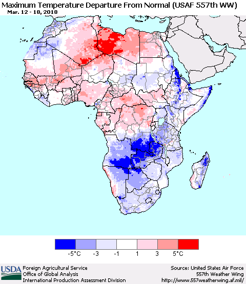 Africa Mean Maximum Temperature Departure from Normal (USAF 557th WW) Thematic Map For 3/12/2018 - 3/18/2018