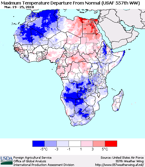 Africa Mean Maximum Temperature Departure from Normal (USAF 557th WW) Thematic Map For 3/19/2018 - 3/25/2018