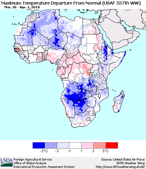 Africa Mean Maximum Temperature Departure from Normal (USAF 557th WW) Thematic Map For 3/26/2018 - 4/1/2018