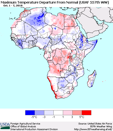 Africa Mean Maximum Temperature Departure from Normal (USAF 557th WW) Thematic Map For 10/1/2018 - 10/7/2018