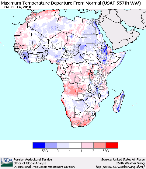 Africa Mean Maximum Temperature Departure from Normal (USAF 557th WW) Thematic Map For 10/8/2018 - 10/14/2018