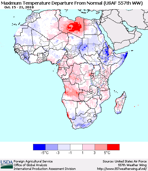 Africa Mean Maximum Temperature Departure from Normal (USAF 557th WW) Thematic Map For 10/15/2018 - 10/21/2018