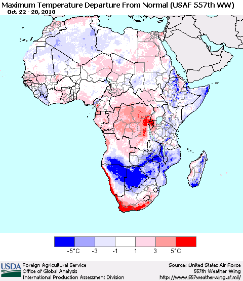 Africa Mean Maximum Temperature Departure from Normal (USAF 557th WW) Thematic Map For 10/22/2018 - 10/28/2018