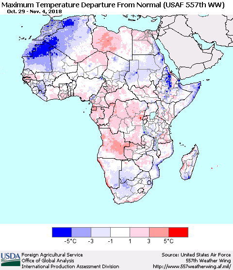 Africa Mean Maximum Temperature Departure from Normal (USAF 557th WW) Thematic Map For 10/29/2018 - 11/4/2018