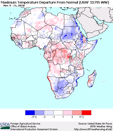Africa Mean Maximum Temperature Departure from Normal (USAF 557th WW) Thematic Map For 11/5/2018 - 11/11/2018