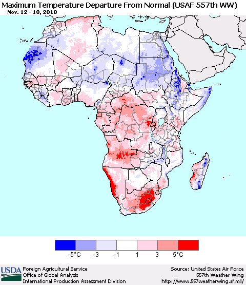 Africa Mean Maximum Temperature Departure from Normal (USAF 557th WW) Thematic Map For 11/12/2018 - 11/18/2018
