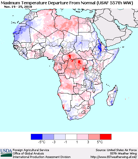 Africa Mean Maximum Temperature Departure from Normal (USAF 557th WW) Thematic Map For 11/19/2018 - 11/25/2018