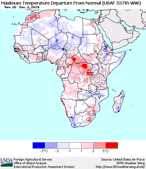 Africa Mean Maximum Temperature Departure from Normal (USAF 557th WW) Thematic Map For 11/26/2018 - 12/2/2018