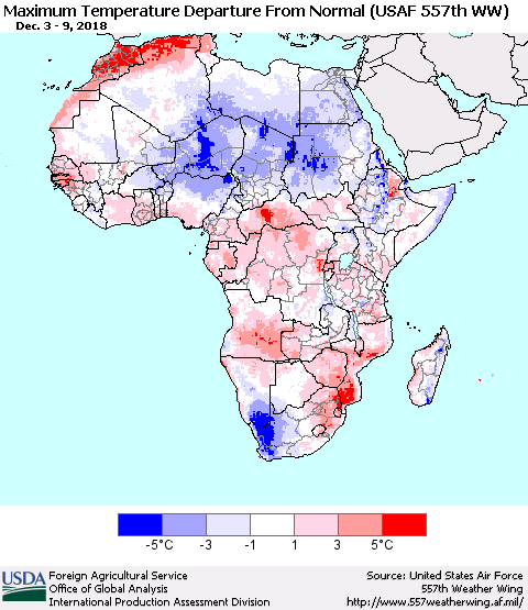 Africa Mean Maximum Temperature Departure from Normal (USAF 557th WW) Thematic Map For 12/3/2018 - 12/9/2018
