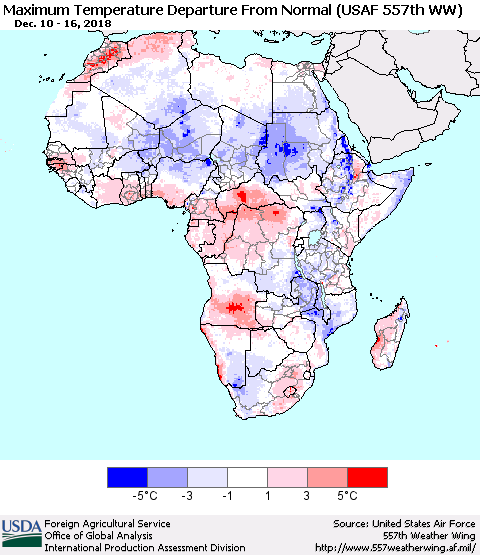Africa Mean Maximum Temperature Departure from Normal (USAF 557th WW) Thematic Map For 12/10/2018 - 12/16/2018