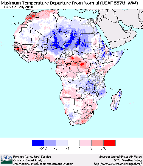 Africa Mean Maximum Temperature Departure from Normal (USAF 557th WW) Thematic Map For 12/17/2018 - 12/23/2018