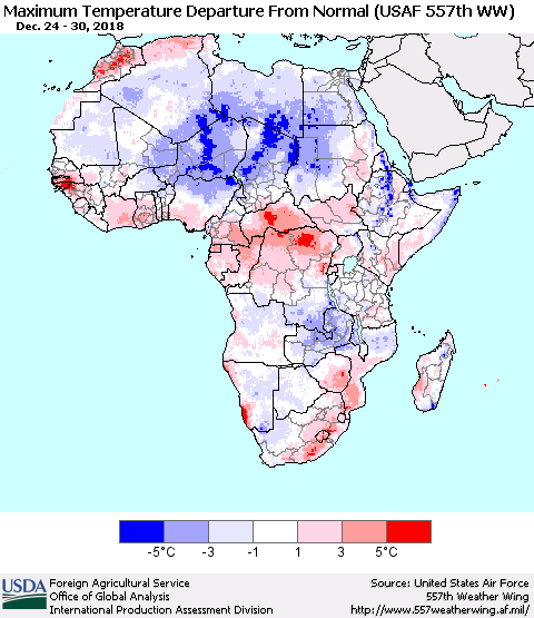 Africa Mean Maximum Temperature Departure from Normal (USAF 557th WW) Thematic Map For 12/24/2018 - 12/30/2018