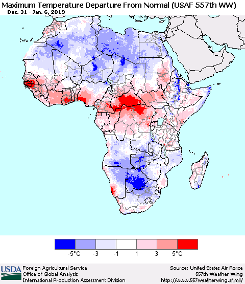 Africa Mean Maximum Temperature Departure from Normal (USAF 557th WW) Thematic Map For 12/31/2018 - 1/6/2019