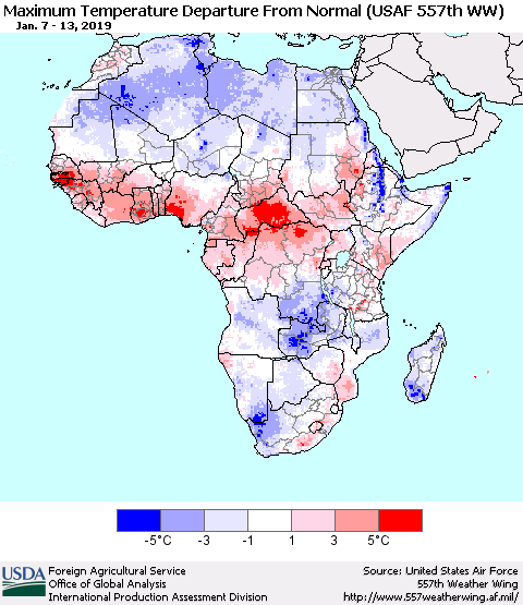 Africa Mean Maximum Temperature Departure from Normal (USAF 557th WW) Thematic Map For 1/7/2019 - 1/13/2019