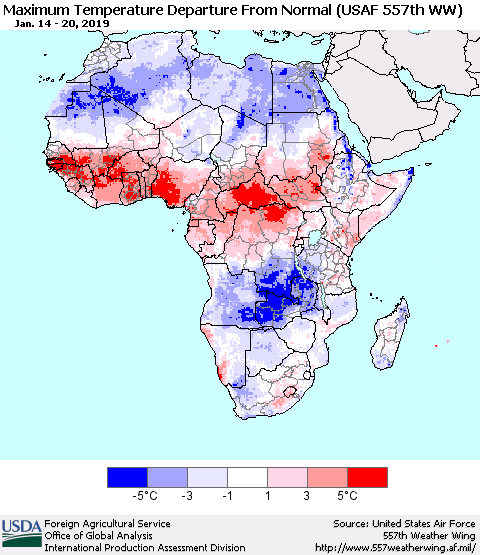 Africa Mean Maximum Temperature Departure from Normal (USAF 557th WW) Thematic Map For 1/14/2019 - 1/20/2019