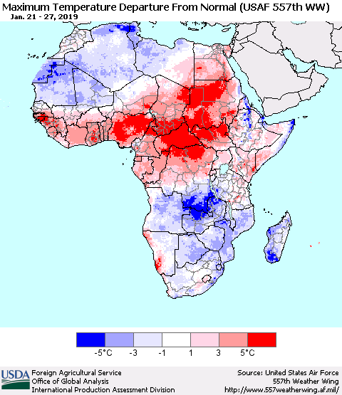 Africa Mean Maximum Temperature Departure from Normal (USAF 557th WW) Thematic Map For 1/21/2019 - 1/27/2019