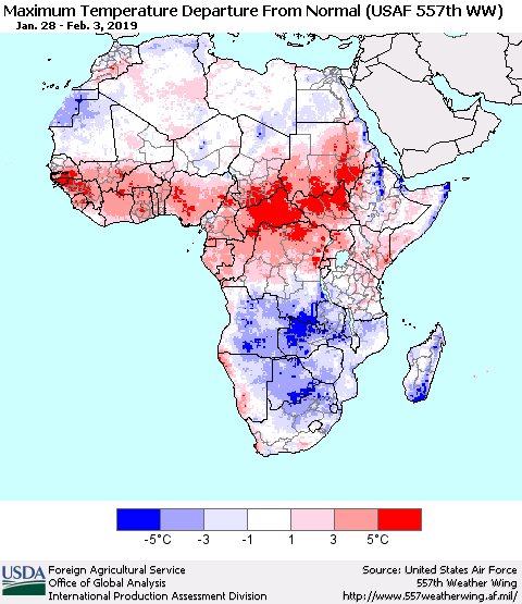 Africa Mean Maximum Temperature Departure from Normal (USAF 557th WW) Thematic Map For 1/28/2019 - 2/3/2019