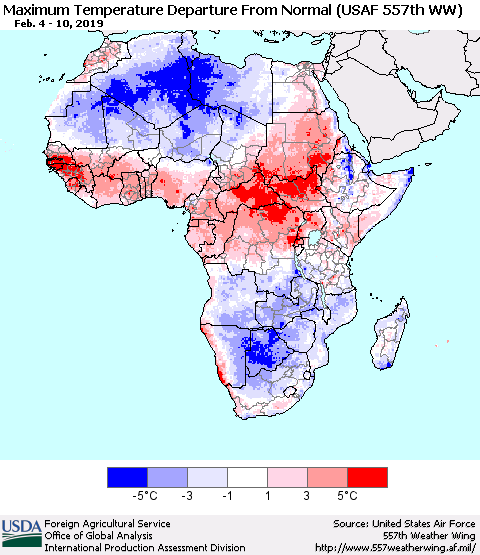 Africa Mean Maximum Temperature Departure from Normal (USAF 557th WW) Thematic Map For 2/4/2019 - 2/10/2019