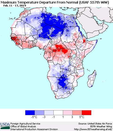 Africa Mean Maximum Temperature Departure from Normal (USAF 557th WW) Thematic Map For 2/11/2019 - 2/17/2019