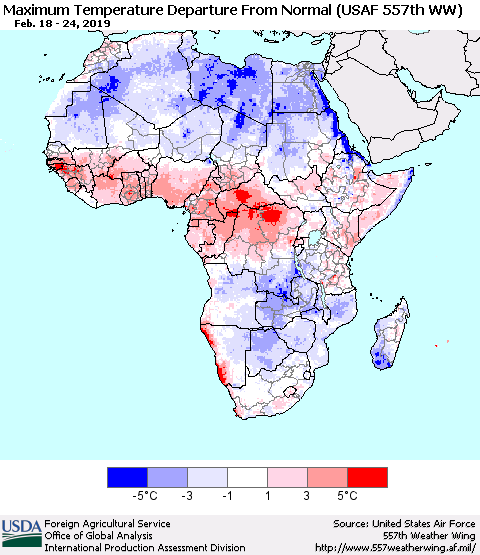 Africa Mean Maximum Temperature Departure from Normal (USAF 557th WW) Thematic Map For 2/18/2019 - 2/24/2019