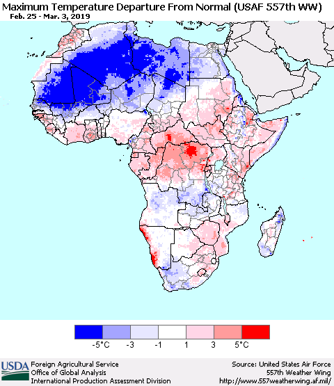Africa Mean Maximum Temperature Departure from Normal (USAF 557th WW) Thematic Map For 2/25/2019 - 3/3/2019