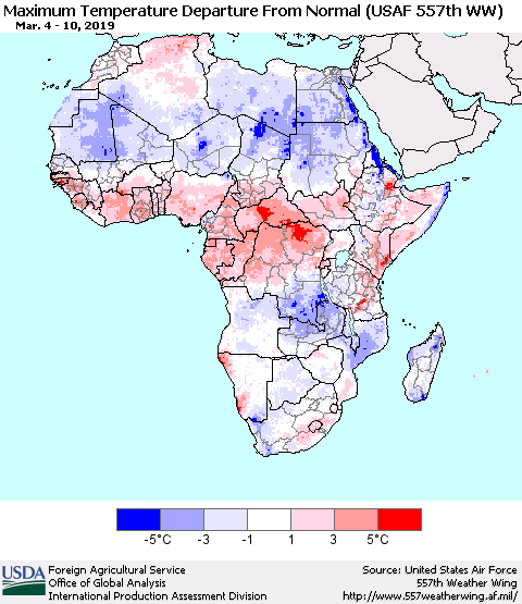 Africa Mean Maximum Temperature Departure from Normal (USAF 557th WW) Thematic Map For 3/4/2019 - 3/10/2019