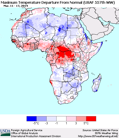 Africa Mean Maximum Temperature Departure from Normal (USAF 557th WW) Thematic Map For 3/11/2019 - 3/17/2019