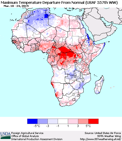 Africa Mean Maximum Temperature Departure from Normal (USAF 557th WW) Thematic Map For 3/18/2019 - 3/24/2019